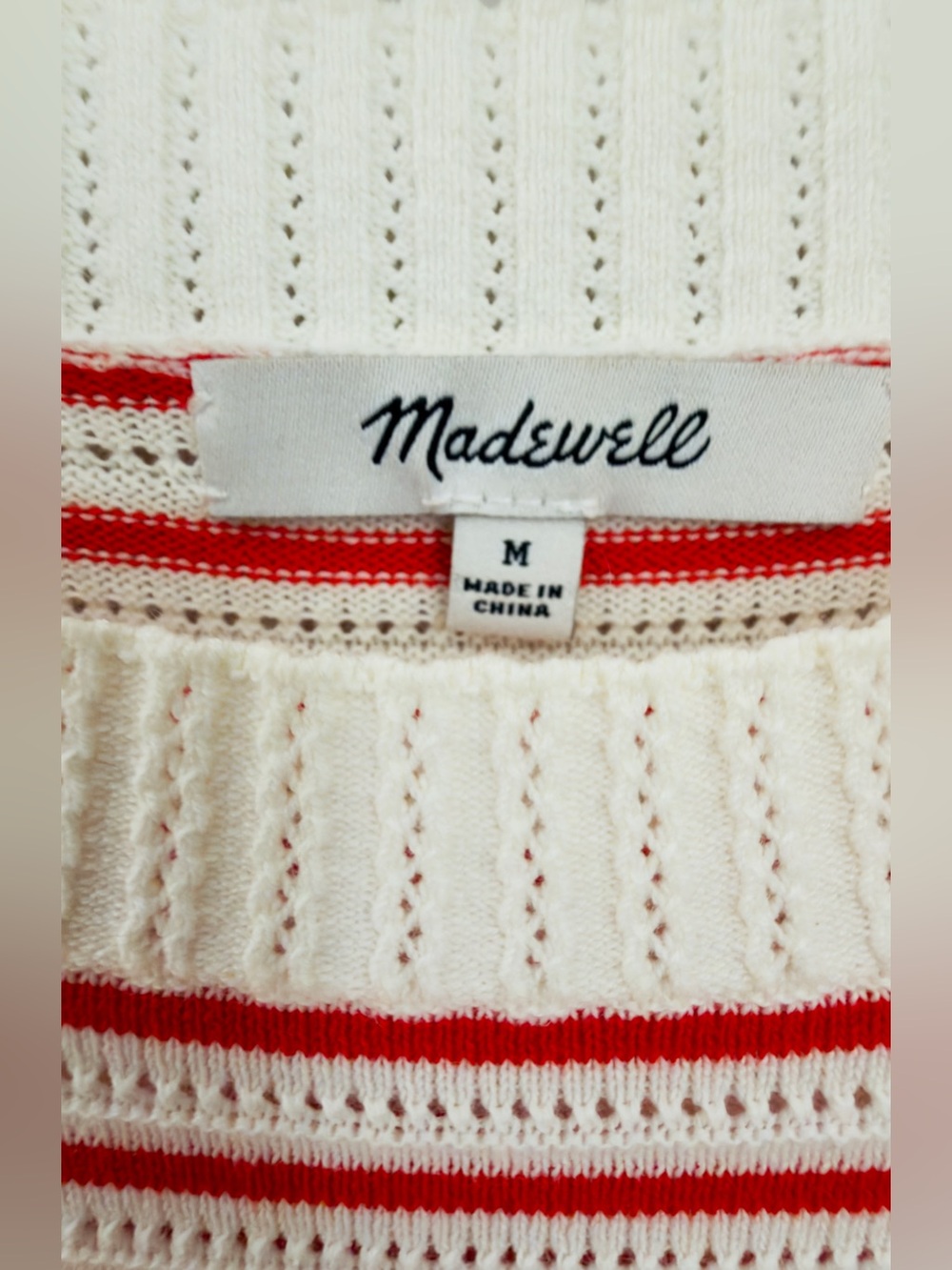 Madewell Bright Red and Cream Striped Short Sleeve Crew Sweater - M - Picture 3 of 7